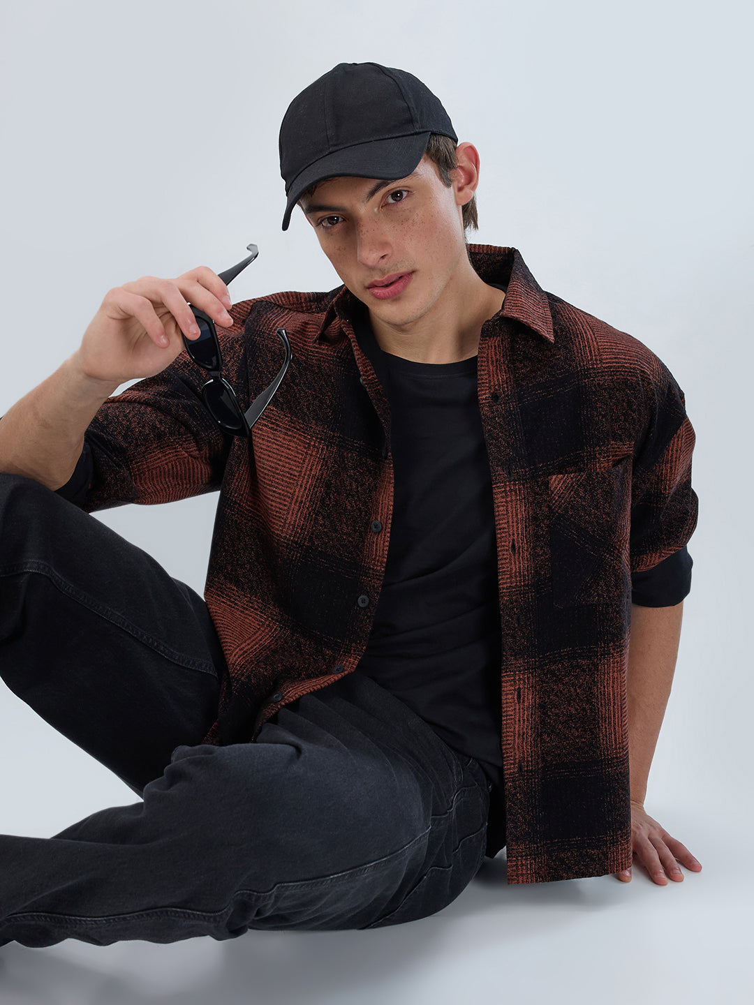 Peach & Black Static Brushed Corduroy Boxy Fit Crop Overshirt