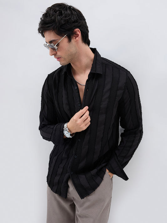 Jet Black Frayed Panelled Waffle Textured Shirt
