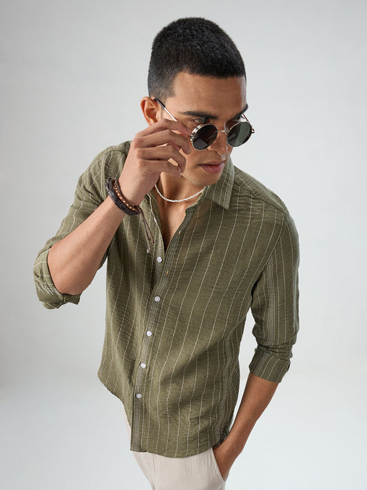 Olive Striped Crinkled Shirt