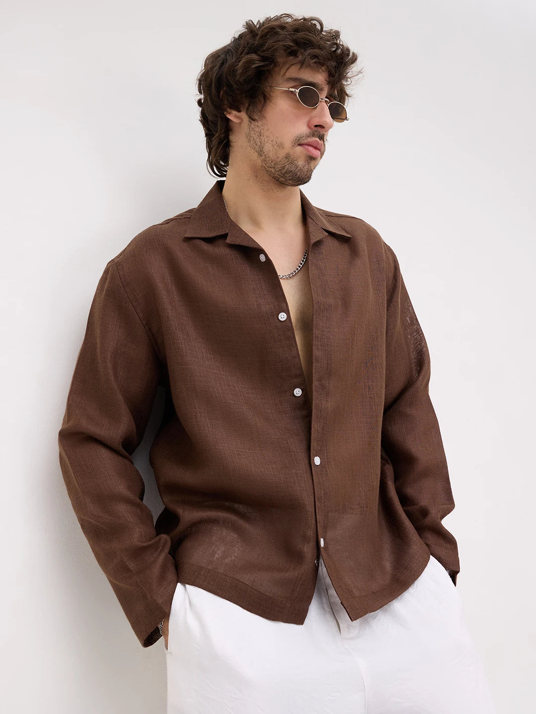 Coffee Brown Fine Textured Notch Collar Oversized Shirt