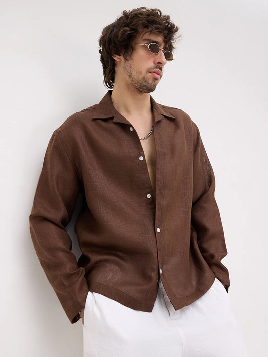 Coffee Brown Fine Textured Notch Collar Oversized Shirt