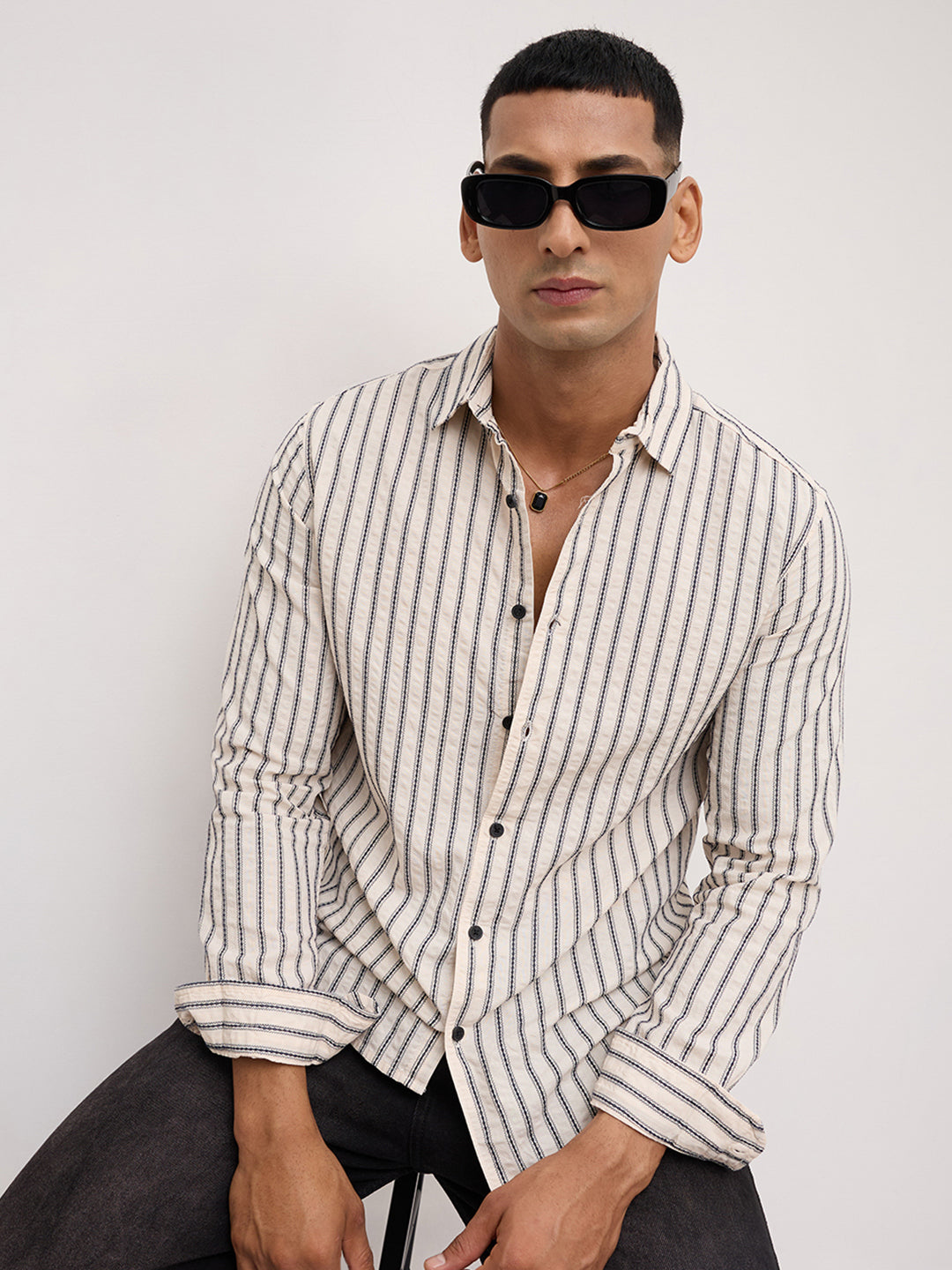 Luxe White & Navy Embroidered Striped Shirt