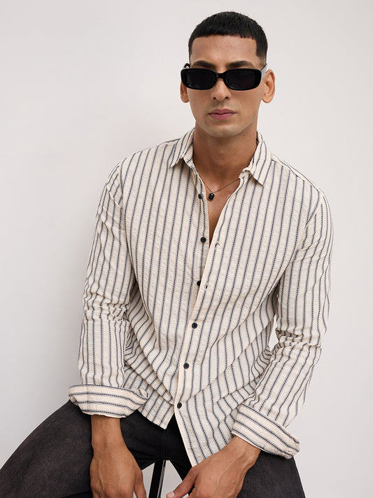 Luxe White & Navy Embroidered Striped Shirt