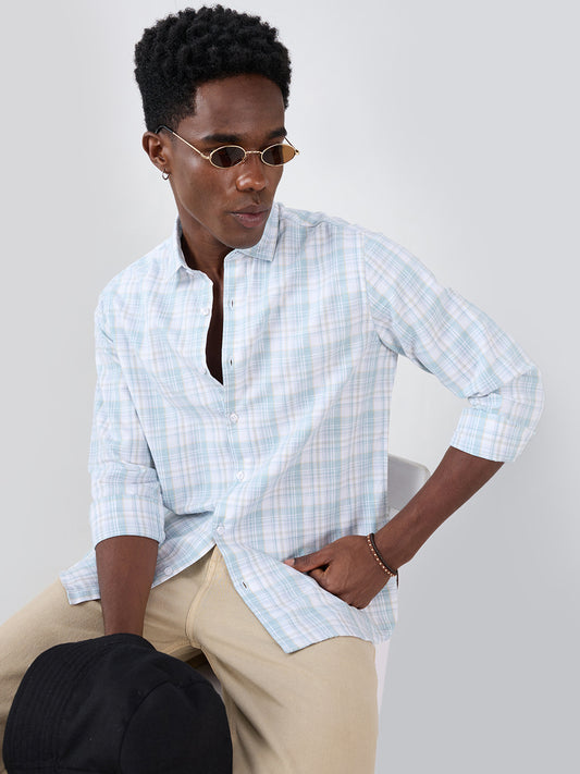 Washed Sage Green Fine Line Grid Checks Shirt