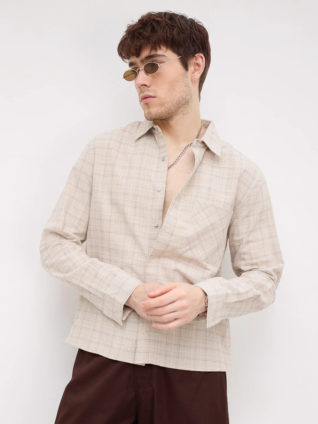 Beige & Blue Loomscape Checks Straight Hem Oversized Shirt