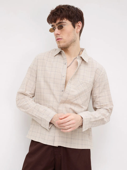 Beige & Blue Loomscape Checks Straight Hem Oversized Shirt