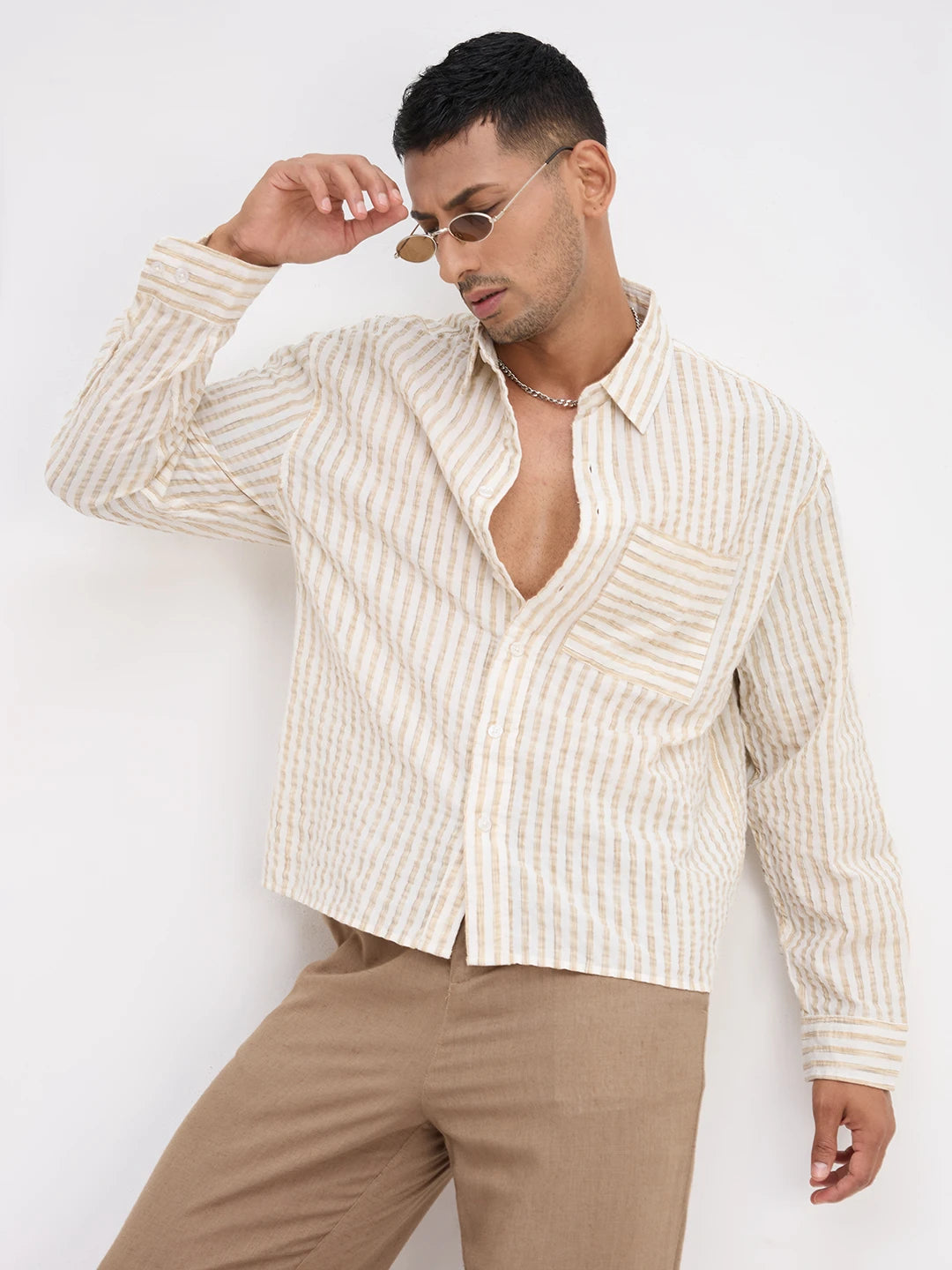 Beige & Ivory Seersucker Candy Striped Boxy Fit Crop Shirt