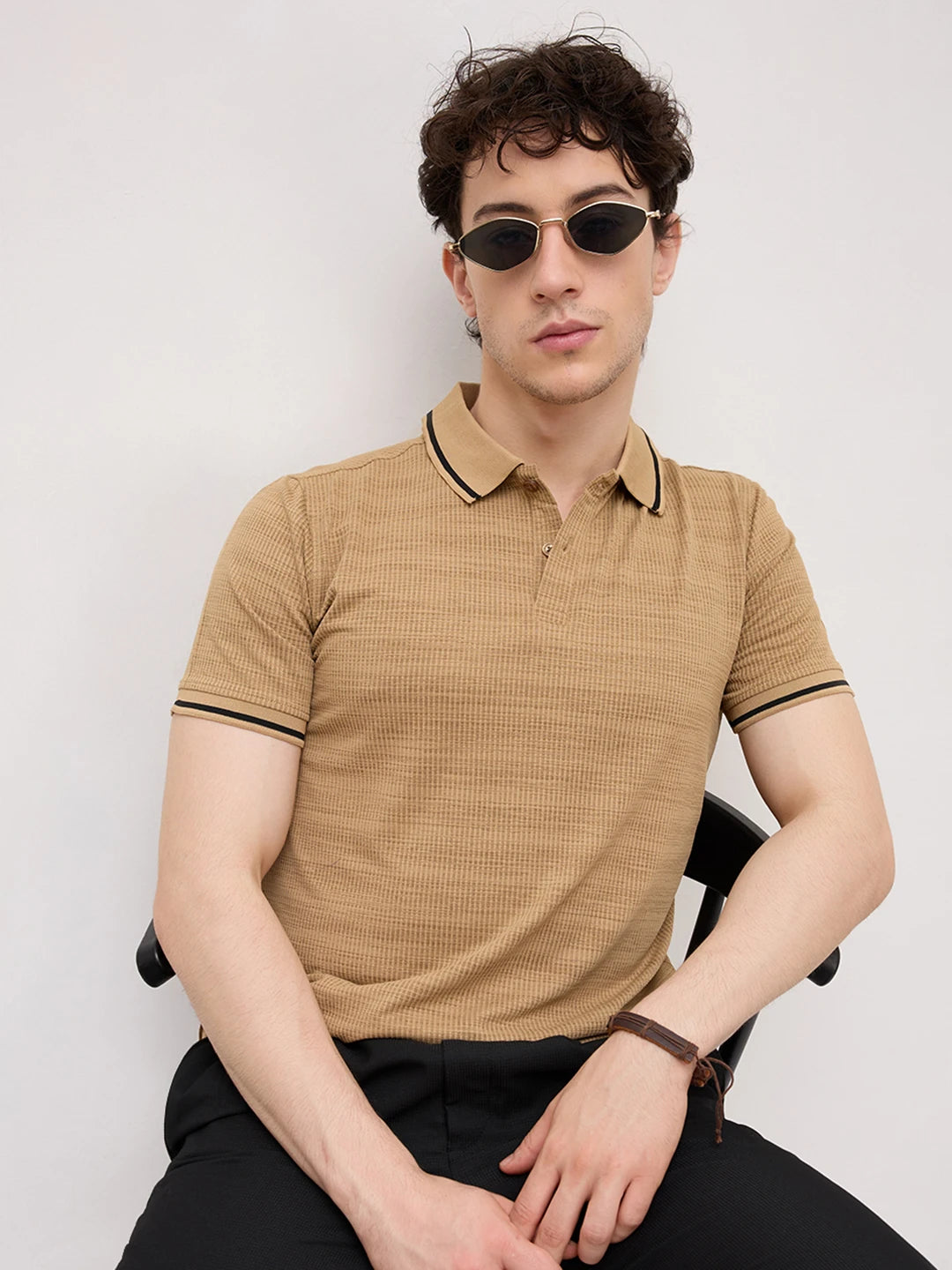 Golden Brown Stripe Embossed Polo Flat Knit T-Shirt