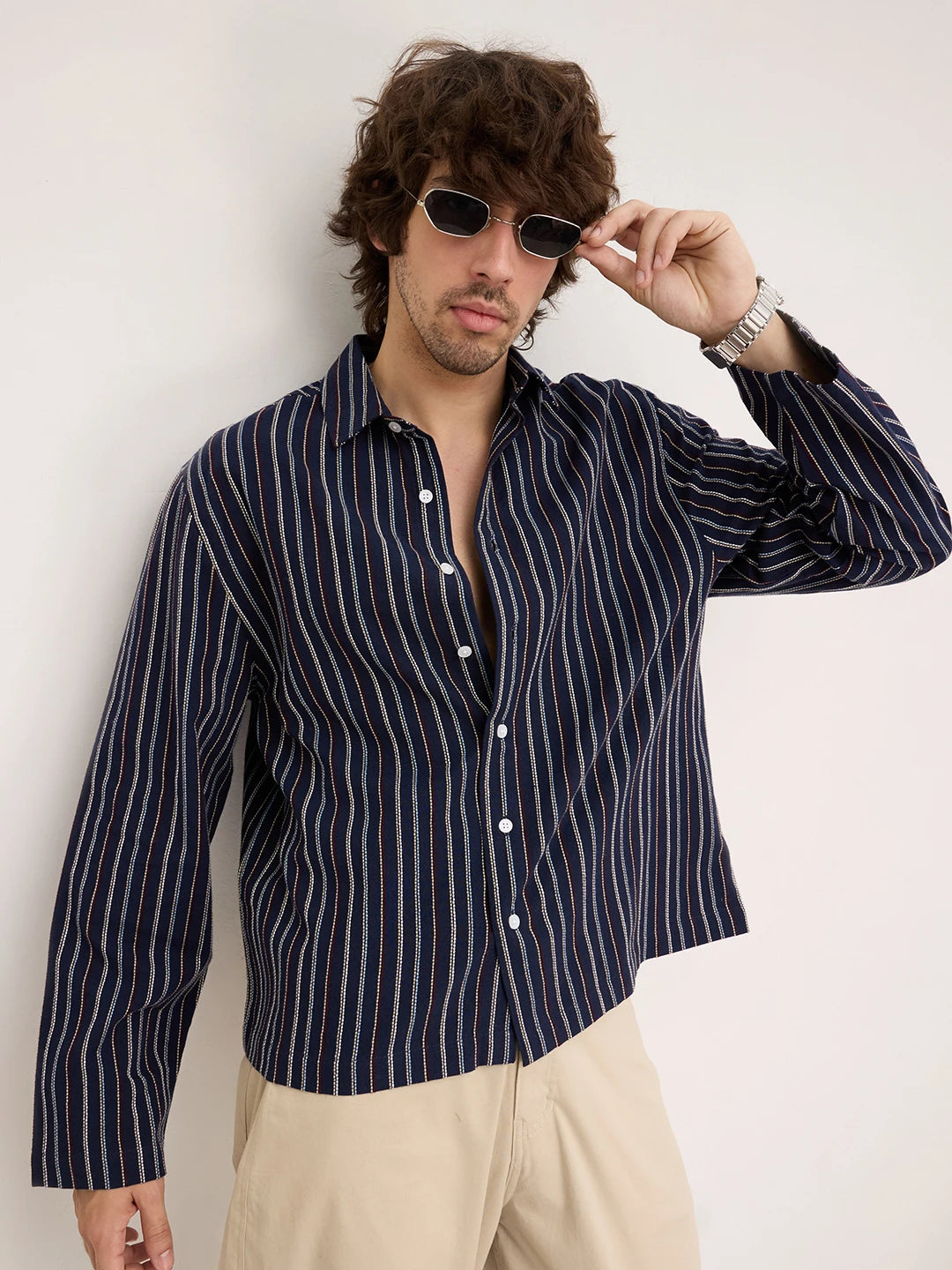 Navy Dual Embroidered Striped Cuffless Oversized Shirt