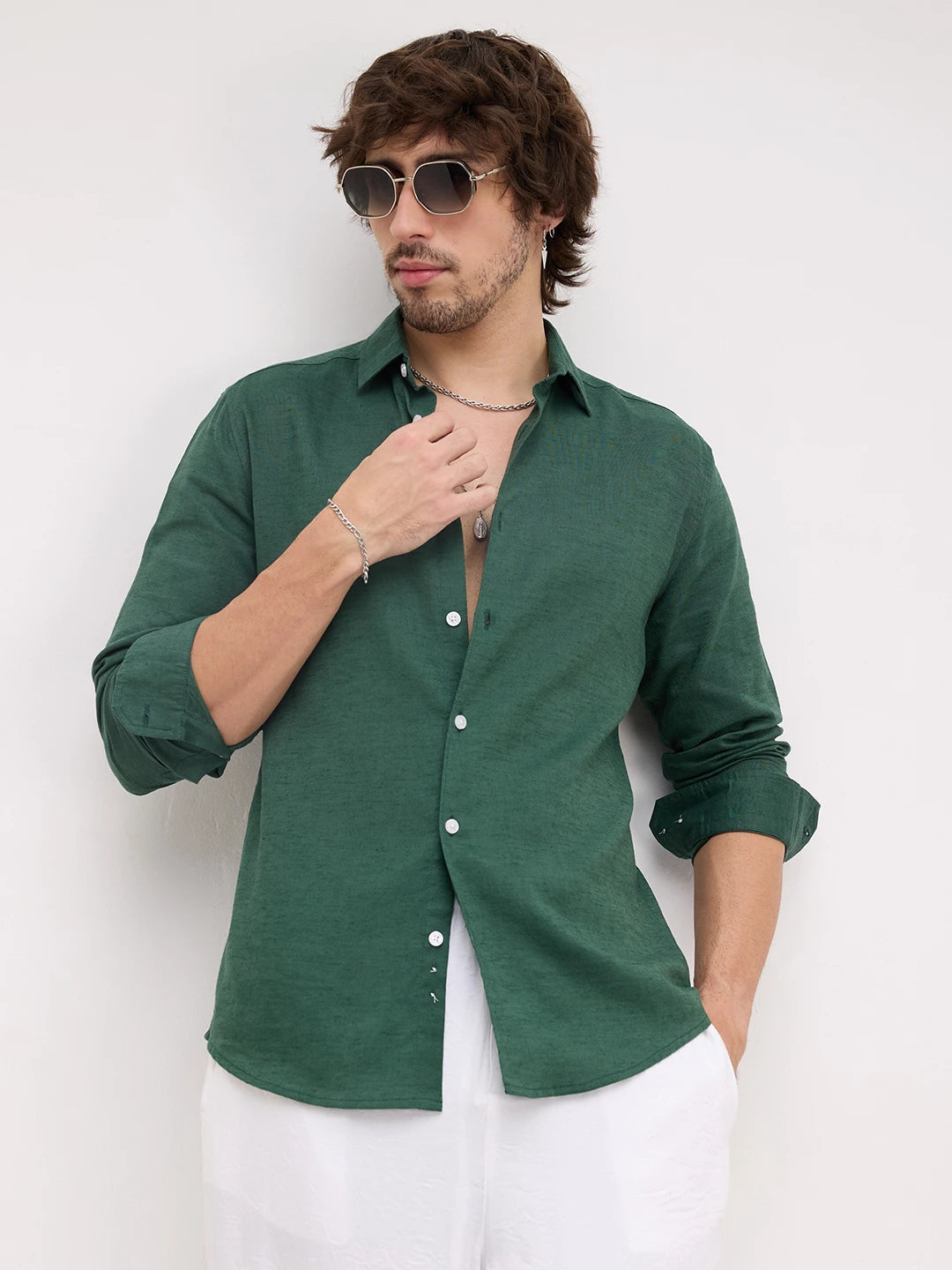 Luxe Forest Green Linen Blend Shirt