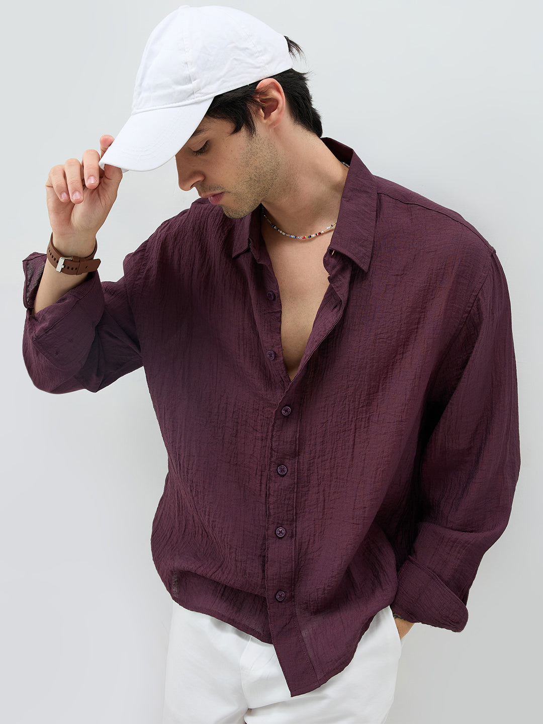 Solid Wine Sheer Crepe Boxy Fit Crop Shirt