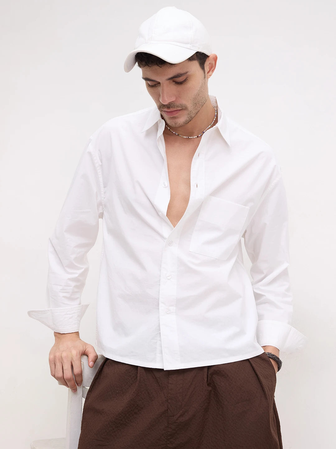 Timeless Off-White Crinkled Boxy Fit Crop Shirt