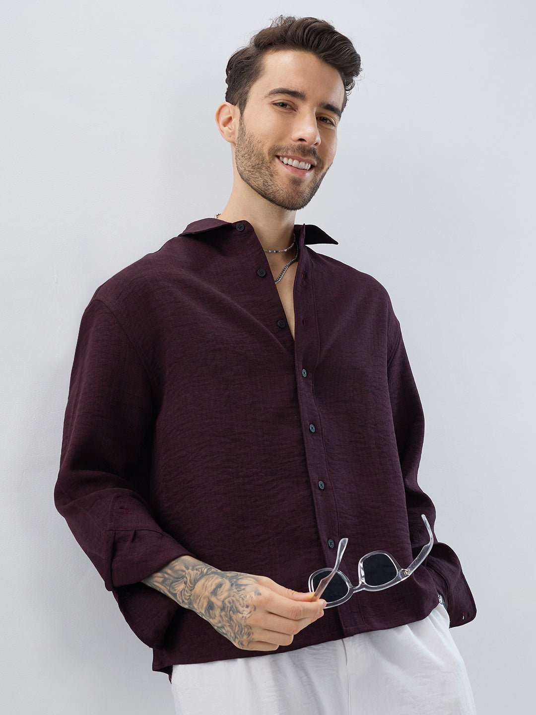 Rich Wine Slub Textured Boxy Fit Crop Shirt