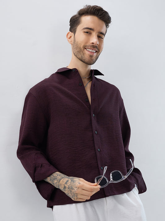 Rich Wine Slub Textured Boxy Fit Crop Shirt