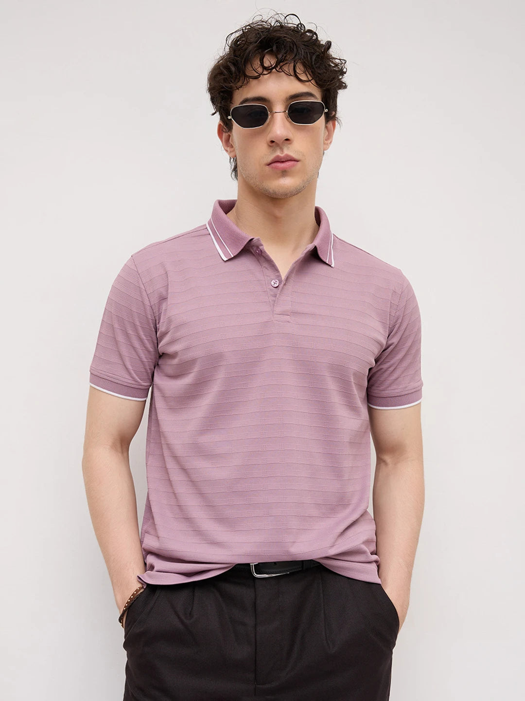 Dusty Lavender Textured Horizontal Stripe Polo Knit T-Shirt