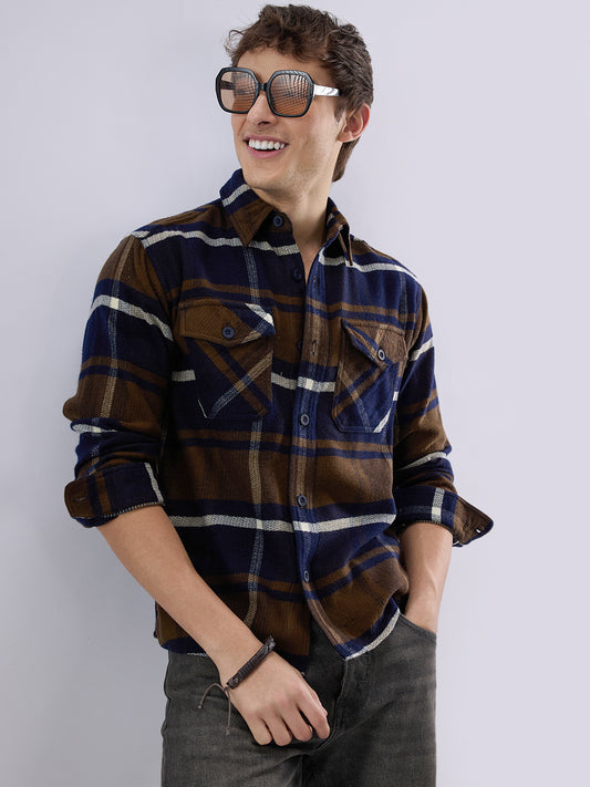Walnut Brown & Navy Plaid Checks Double Pocket Flannel Shirt