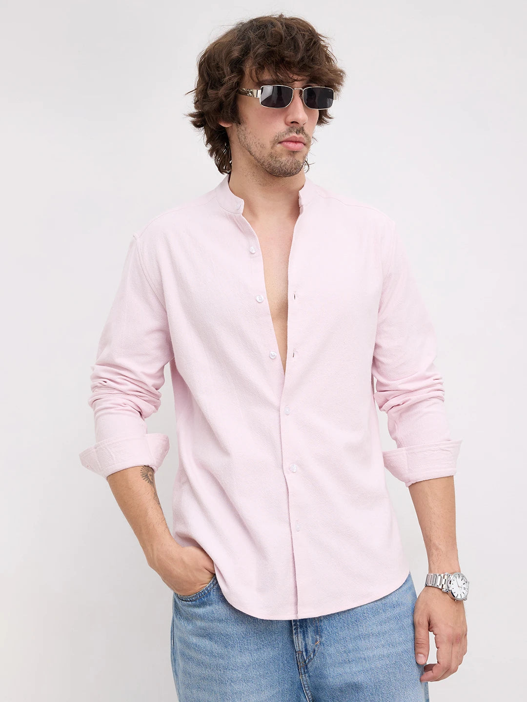 Charming Blush Pink Solid Mandarin Shirt
