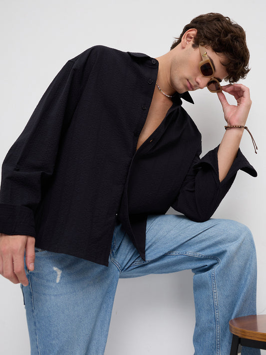 Black Seersucker Striped Boxy Fit Crop Shirt
