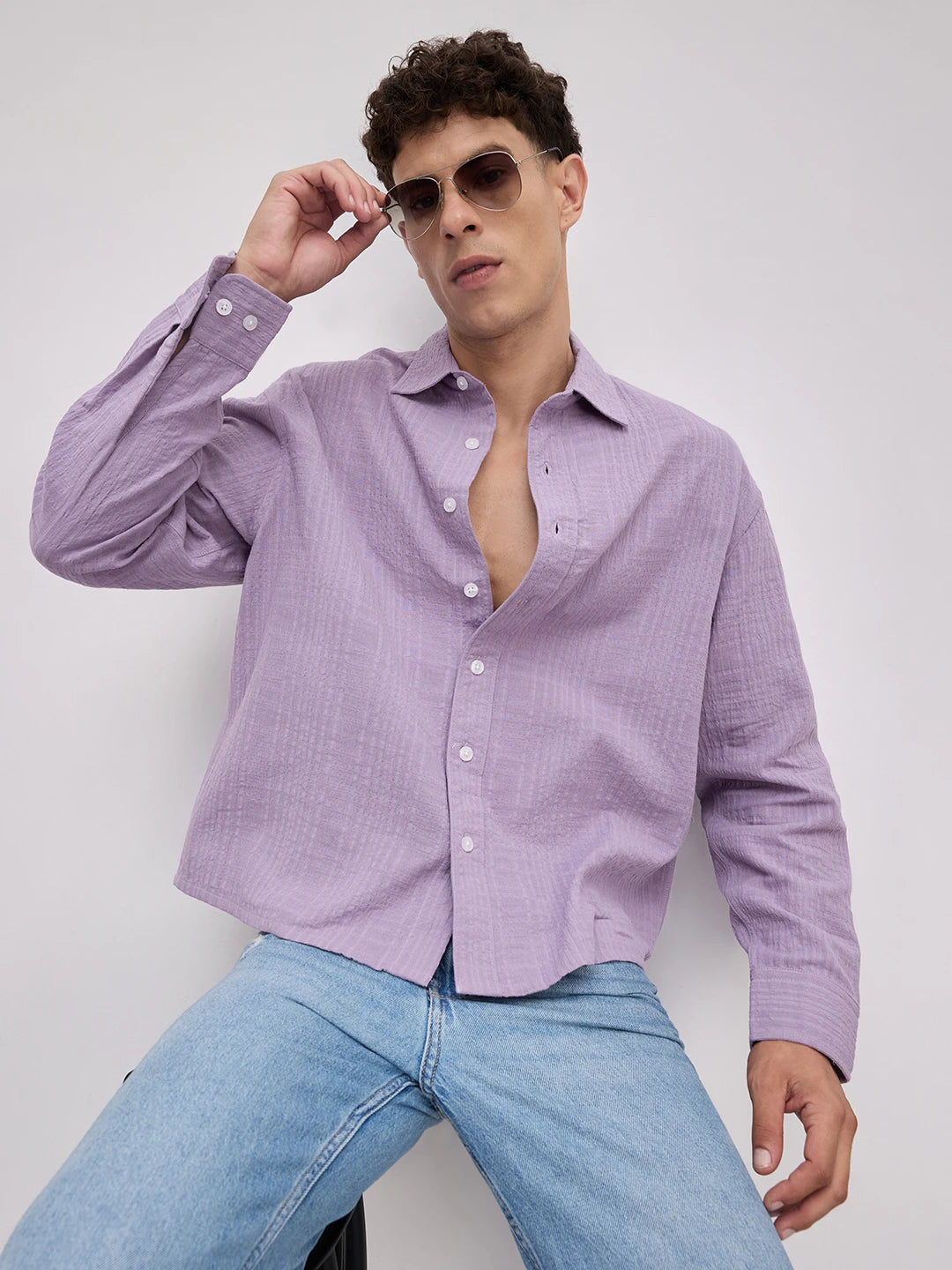 Soft Lavender Double Cloth Gauze Textured Boxy Fit Crop Shirt
