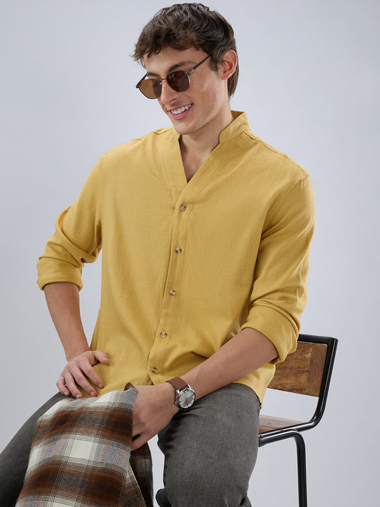 Soft Honey Yellow Diagonal Textured Stand Collar Oversized Shirt