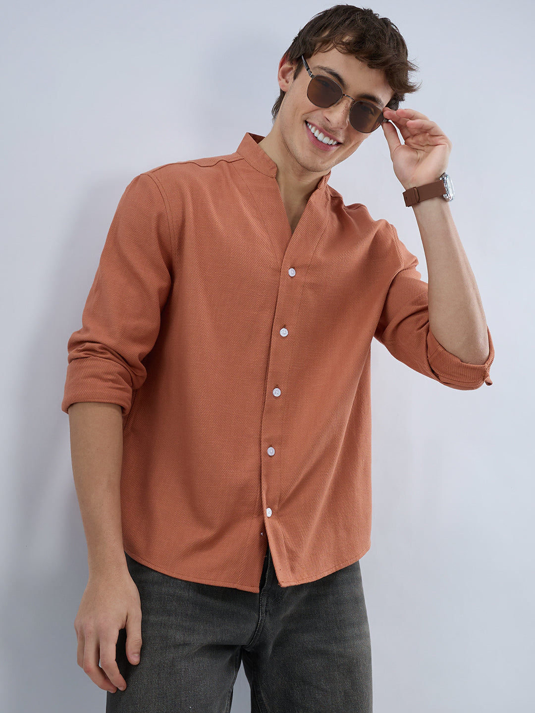 Soft Cider Orange Diagonal Textured Stand Collar Oversized Shirt