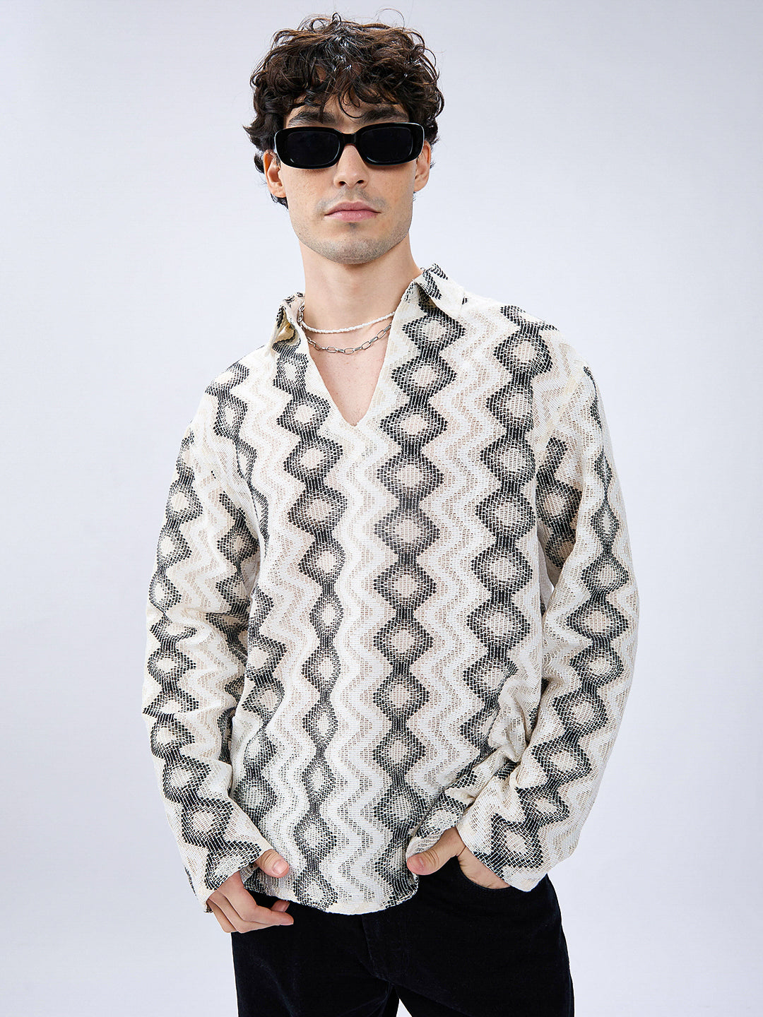 Diamond Wave Luxe Crochet Oversized Polo Shirt