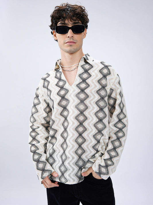 Diamond Wave Luxe Crochet Oversized Polo Shirt