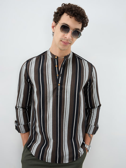 Black Graphic Weave Contrast Stripe Kurta