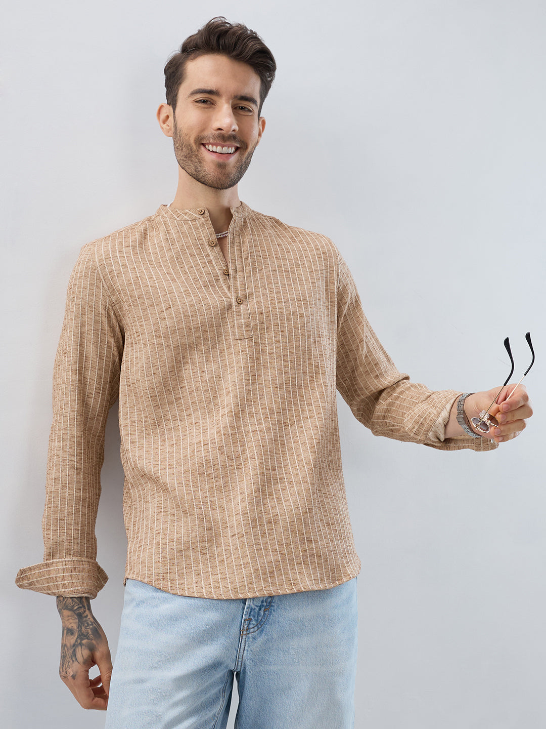 Sand Beige Textured Striped Kurta