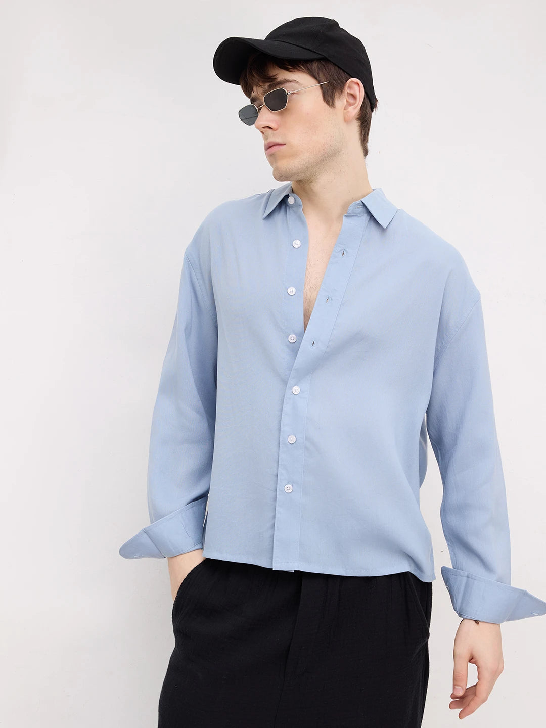 Classic Powder Blue Boxy Fit Crop Shirt