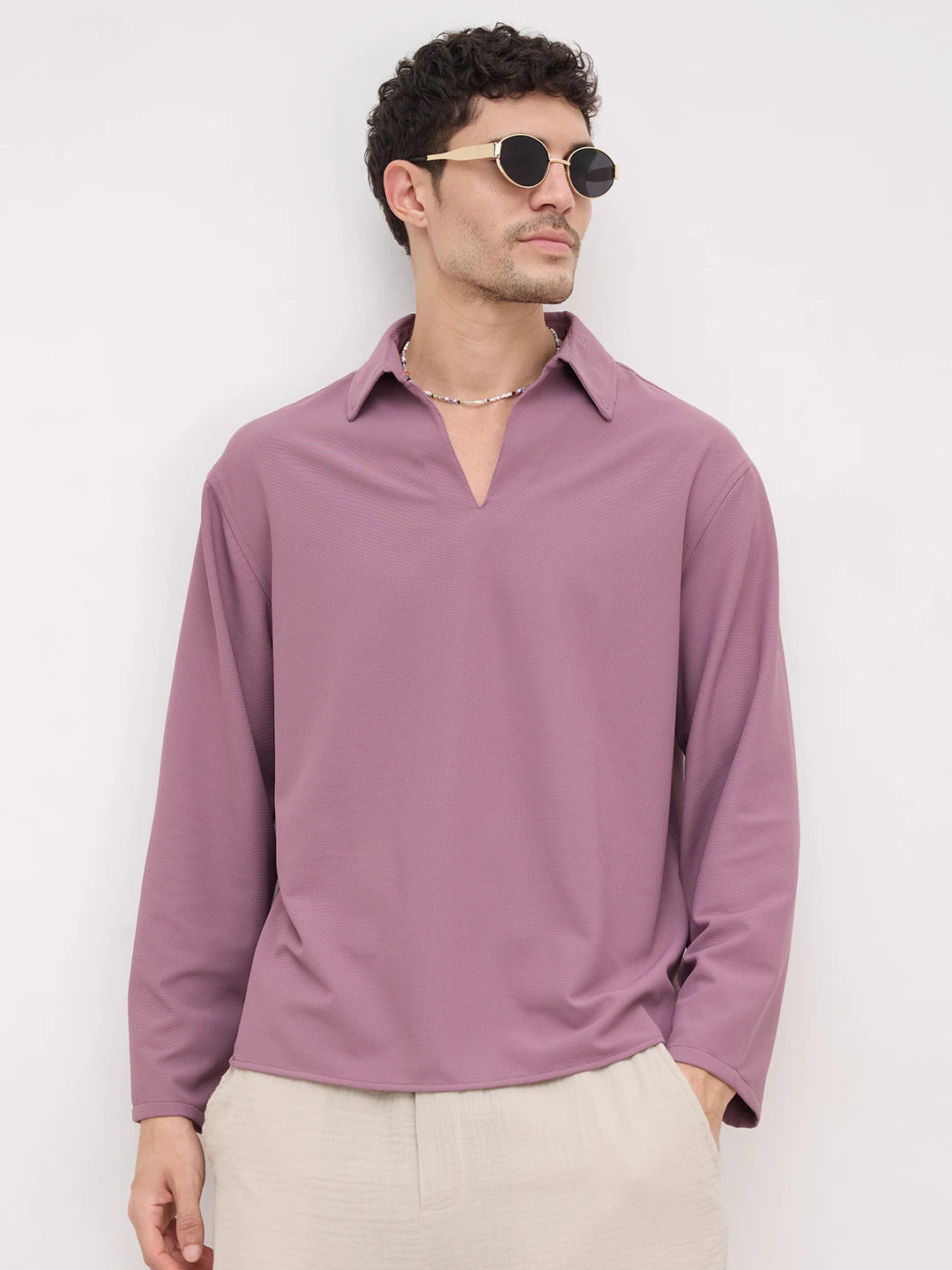 Elegant Grape Purple Oversized Polo Tencel Knit Shirt