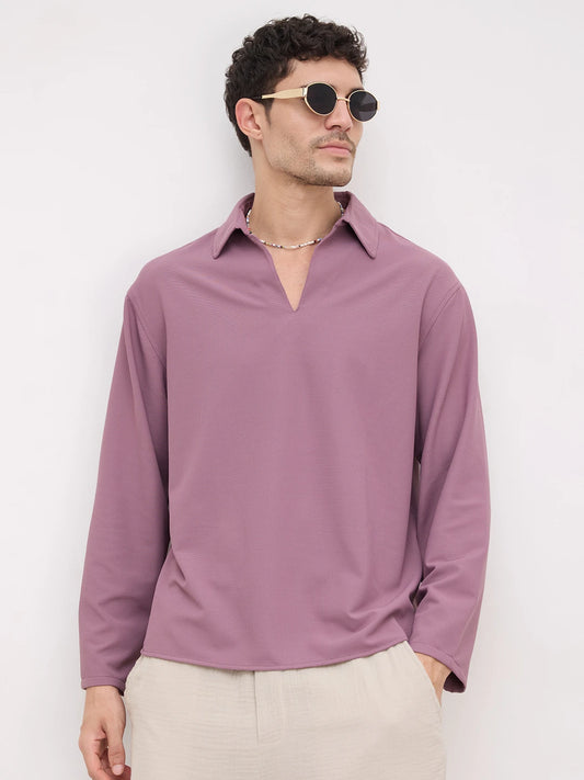 Elegant Grape Purple Oversized Polo Tencel Knit Shirt