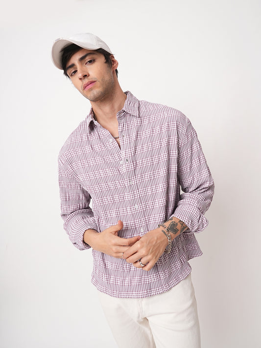 Lilac Seersucker Checks Boxy Fit Crop Shirt