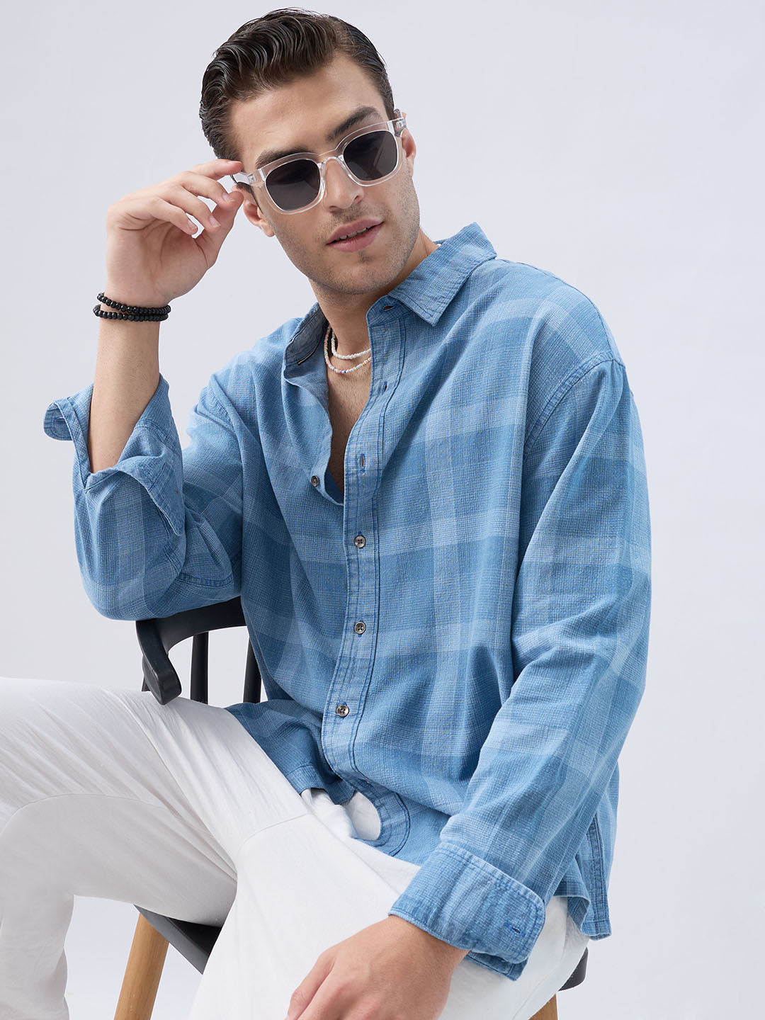 Arctic Mist Denim Shadow Checks Boxy Fit Crop Shirt