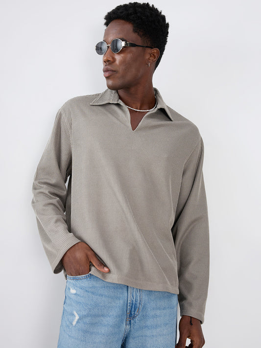 Steel Grey Refined Textured Knitted  Oversized Polo Shirt