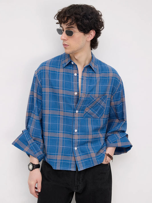 Denim Contrast Square Checks Cuffless Oversized Crop Shirt
