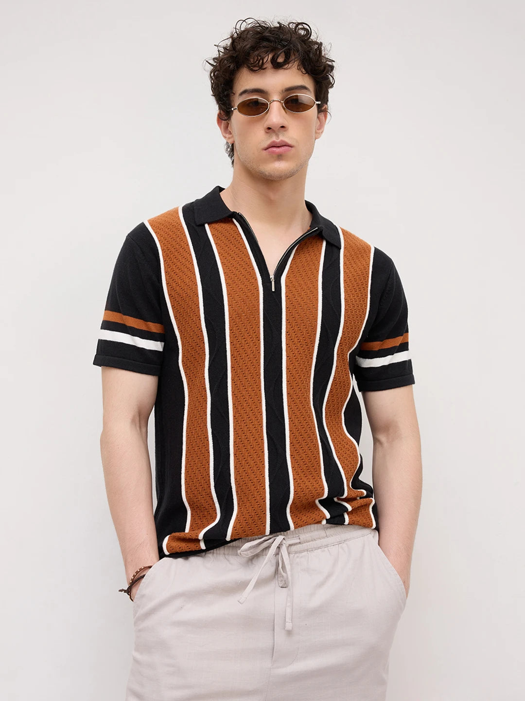 Rust Artisian Panel Striped Polo Zip Flat Knit T-shirt