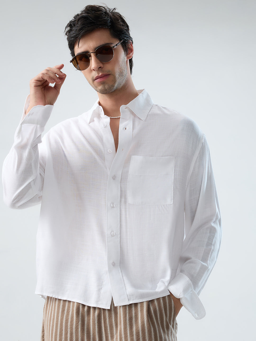 Sheer White Fine Weave Boxy Fit Crop Shirt