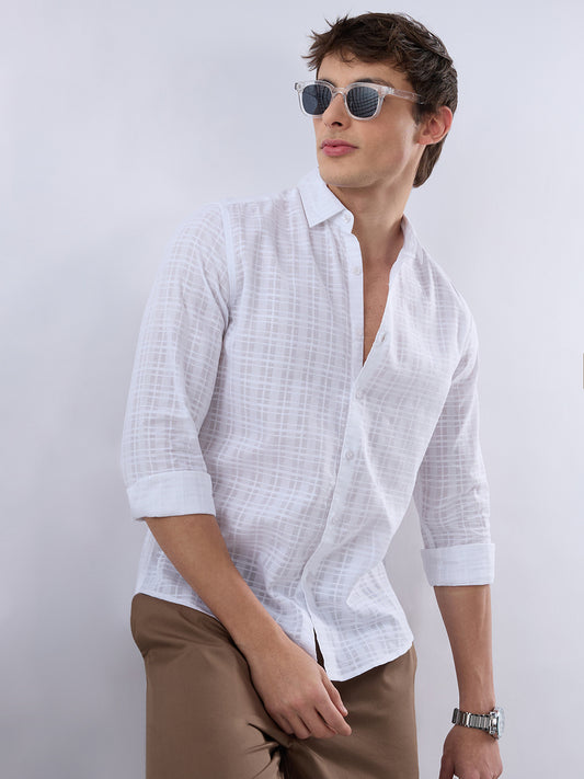 Pearl White Textured Sheer Checks Shirt