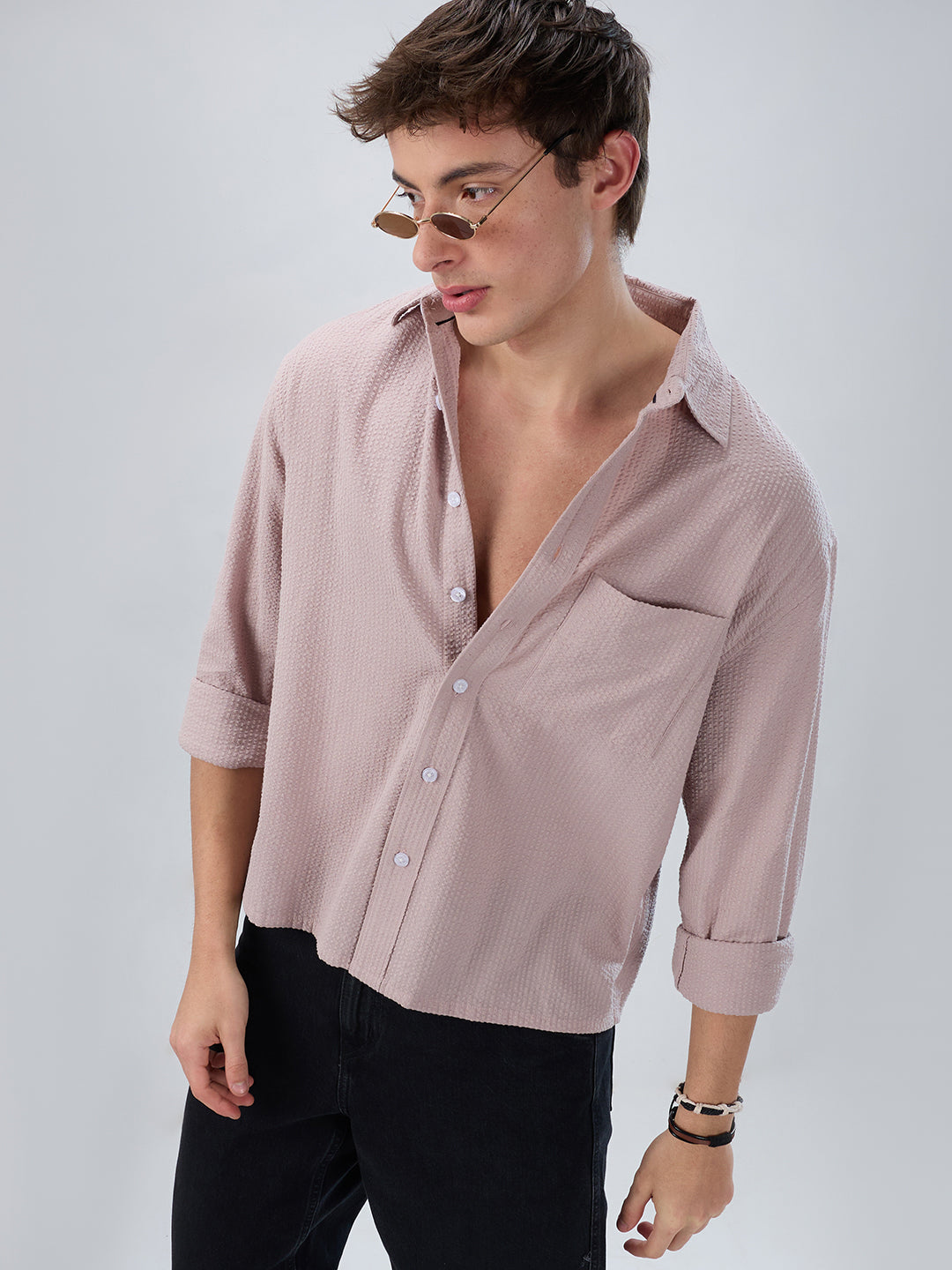 Dusty Rose Seersucker Boxy Fit Crop Shirt