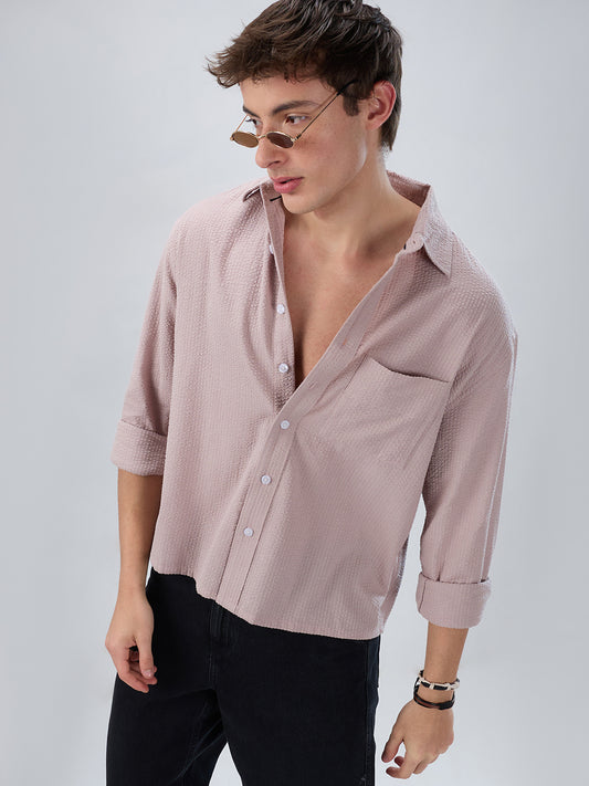 Dusty Rose Seersucker Boxy Fit Crop Shirt