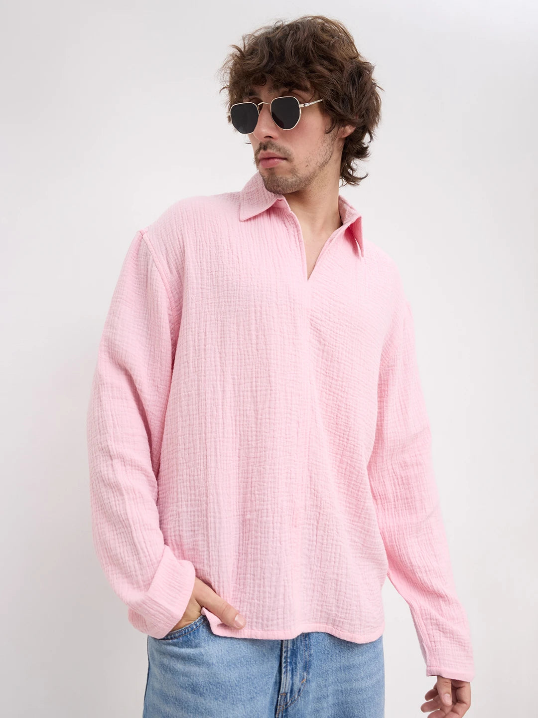 Sakura Pink Double Cloth Center Seam Oversized Polo Shirt