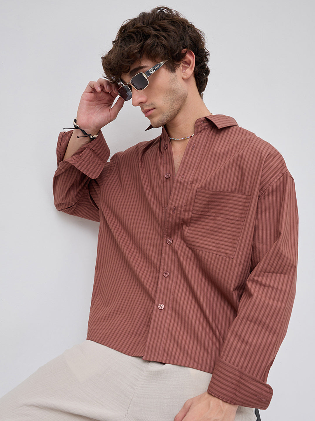 Plush Russet Brown Shadow Striped Boxy Fit Crop Shirt