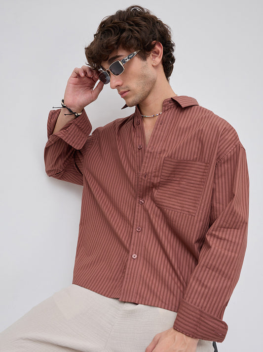 Plush Russet Brown Shadow Striped Boxy Fit Crop Shirt