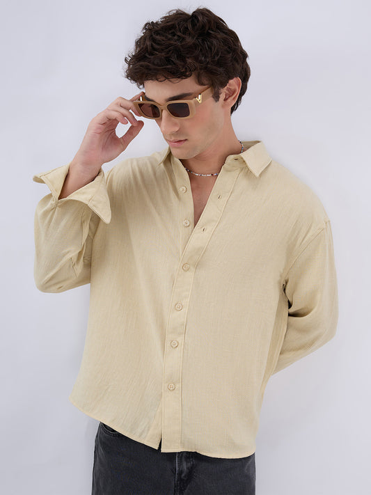Sunwash Beige Slub Textured Boxy Fit Crop Shirt