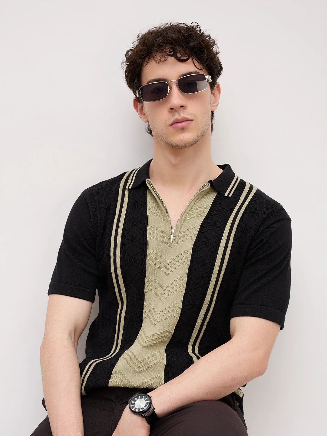 Sage Chevron Panel Zip Flat Knit Polo T-Shirt