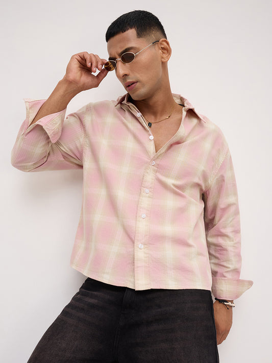 Blush Pink Block Checks Boxy Fit Crop Shirt
