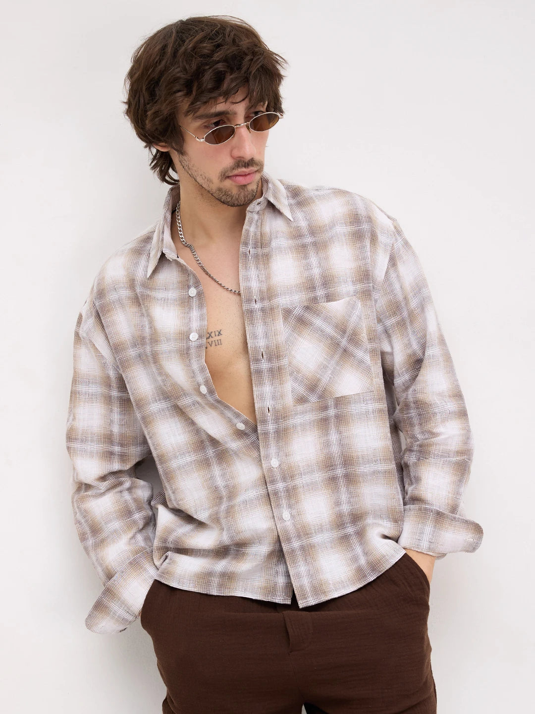 Luxe Dessert Beige Interwoven Windowpane Checks Boxy Fit Crop Shirt