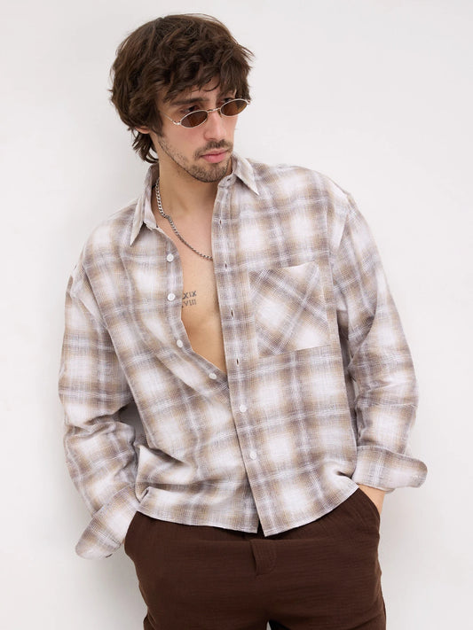 Luxe Dessert Beige Interwoven Windowpane Checks Boxy Fit Crop Shirt