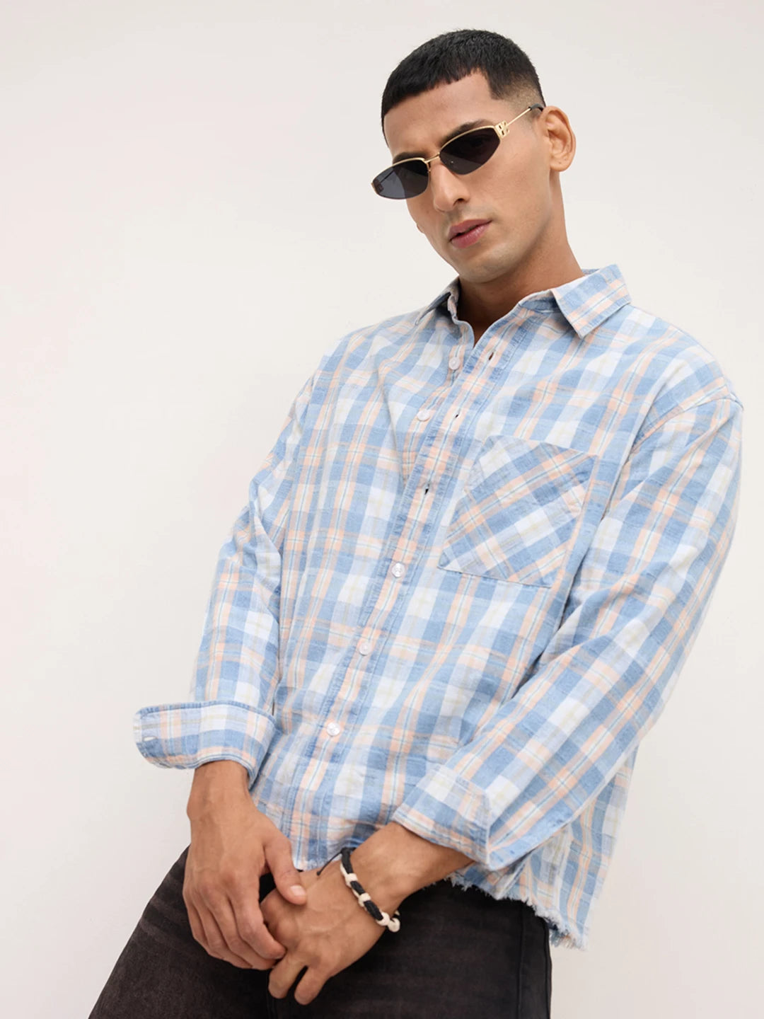Distressed Hem Denim Blue & Peach Checks Boxy Fit Crop Shirt